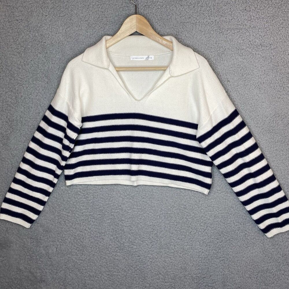 Altar'd State Coastal Ivory Navy Stripped Cropped Sweater Soft Size Small Beach